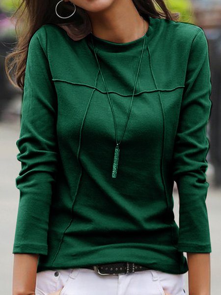 Women's Casual Plain Crew Neck Long Sleeve T-Shirt, T-Shirts, color:Green|size:XXL, JustFashionNow