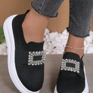 Rhinestone Decor Breathable Slip On Flyknit Sneakers, Sneakers, color:Black|size:43, JustFashionNow