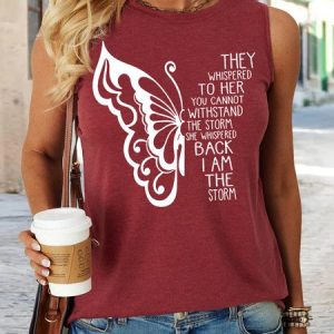 Women‘s They Whisper To Her Butterfly Print Casual Crew Neck Letters Tank Top, Tank Tops, Lilicloth.com
