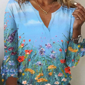 Casual Striped V Neck Long Sleeve T-shirt, T-shirts, color:Sky Blue|size:3XL, Noracora