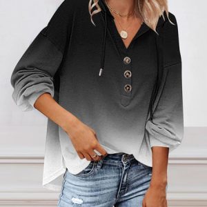 Hoodie Long Sleeve Ombre Drawstring Regular Loose Shirt For Women 2023, Blouses, color:Black|size:XXL, Noracora
