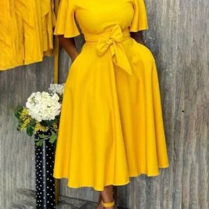 Plain Regular Fit Elegant Crew Neck Dress With Belt, Maxi Dresses, color:Yellow|size:XXL, Stylewe