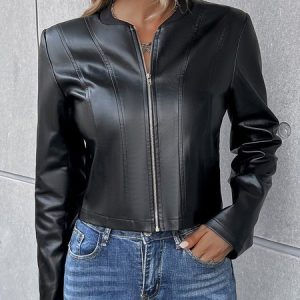 Plain Casual Pu Regular Fit Zipper Jacket, Jackets, color:Black|size:XL, JustFashionNow