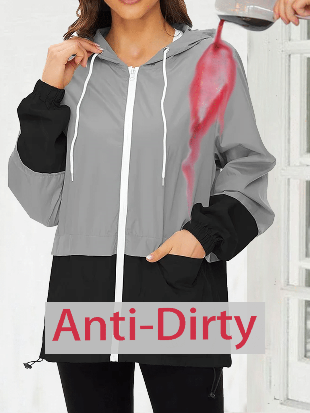 Waterproof windbreaker color patch hooded zipper Windbreaker trench coat, Jackets, color:Black-grey|size:XXL, JustFashionNow