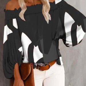 Stylewe Vacation Colorblock Boat Neck Loose Long Sleeve Top, Blouses and Shirts, color:Black|size:XS, Stylewe