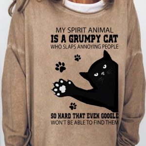 Women's Black cat my spirit animal is a grumpy cat who slaps annoying people Casual Sweatshirt, color:Light Brown|size:3XL, Lilicloth.com