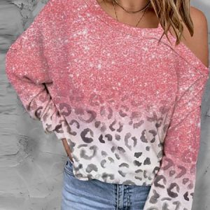 Casual Leopard One Shoulder Long Sleeve T-shirt, T-shirts, color:Color3|size:XXL, Noracora