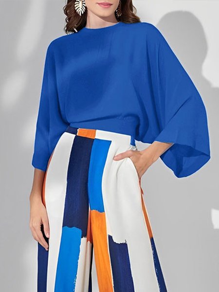 Vacation Batwing Sleeve Plain Loose Shirt, Blouses and Shirts, color:Blue|size:XXL, Stylewe