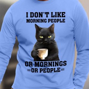 Men’s  Cat Drinking Coffee Casual Crew Neck Long Sleeve T-Shirt, color:Light Blue|size:3XL, Lilicloth.com