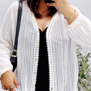 Women Polyester Plain Long Sleeve Comfy Casual Cardigan, Cardigans, color:Off White|size:4XL, Noracora