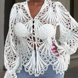 Elegant Regular Fit Stand Collar Plain Blouse, Blouses and Shirts, color:White|size:XXL, Stylewe