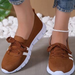 Casual Color Block Lace-Up Flat Heel Fly Woven Shoes, Sneakers&Athletic, color:Brown|size:43, Noracora