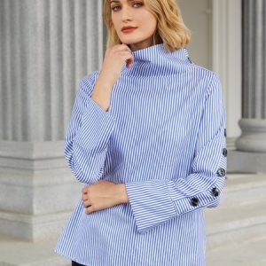 Casual High Neck Striped Long Sleeve Top, Blouses and Shirts, color:The Blue Stripe|size:XS, Stylewe