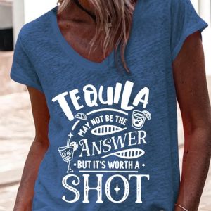 Women's Tequila may not be the answer but it's worth a shot V Neck Casual T-Shirt, color:Blue|size:3XL, Lilicloth.com