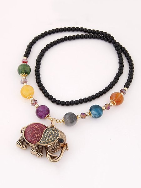 Elephant Rhinestone Beaded Sweater Necklaces, Necklaces, color:Deep Pink|size:One-size, JustFashionNow