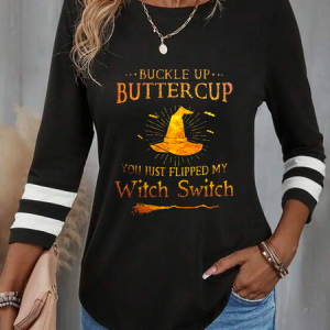 Casual Halloween Crew Neck Three Quarter Sleeve T-shirt, T-shirts, color:Black|size:XXL, Noracora
