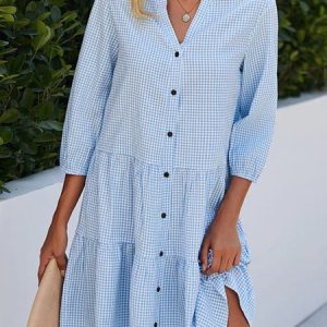Women Plaid Button Stand Collar Casual Tunic Dress, Short, color:Blue|size:XS, catalog Noracora shop