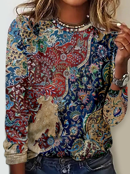 Women's Vintage Fancy Ethnic Casual Crew Neck Shirt, Long sleeves, Lilicloth.com