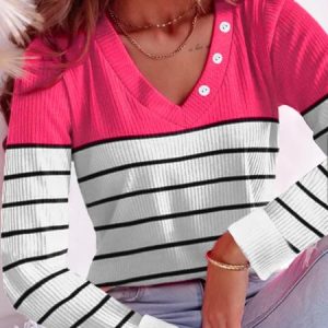 V Neck Long Sleeve Striped Buckle Regular Micro-Elasticity Loose Shirt For Women, Shirts, color:Orange Red|size:XXL, Noracora