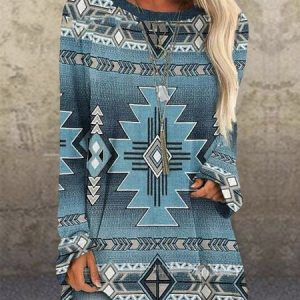 Ethnic Knitted Casual Top, Shirts & Blouses, color:Blue|size:XXL, JustFashionNow