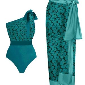 Floral Printing One Shoulder Vacation One Piece With Cover Up, Coverups, color:Lake Blue|size:XXL, Stylewe