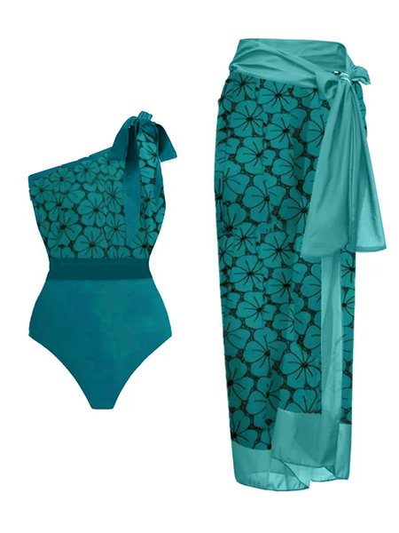 Floral Printing One Shoulder Vacation One Piece With Cover Up, Coverups, color:Lake Blue|size:XXL, Stylewe