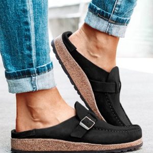 Women Casual Comfy Leather Slip On Sandal, color:Black|size:43, Lilicloth.com