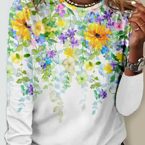 Women's Casual Floral Regular Fit Crew Neck Shirt, color:White|size:3XL, Lilicloth.com