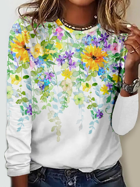 Women's Casual Floral Regular Fit Crew Neck Shirt, color:White|size:3XL, Lilicloth.com