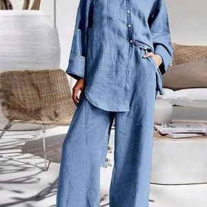 Women Plain Camp Collar Long Sleeve Comfy Casual Top With Pants Two-Piece Set, Sets, color:Royal Blue|size:5XL, Noracora