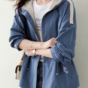 Hoodie Long Sleeve Plain Zipper Regular Loose Hooded Trench Coat For Women, Trench coat, color:Blue|size:3XL, Noracora