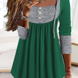 Casual Plain Stitched Buttons Color-block Long-sleeve Jersey Loose Top, Shirts & Blouses, color:Green|size:XXL, JustFashionNow