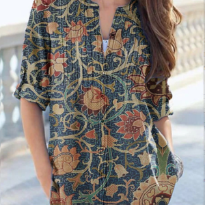 V Neck Half Sleeve Floral Regular Loose Shirt For Women, Blouses, color:Green|size:XXL, Noracora