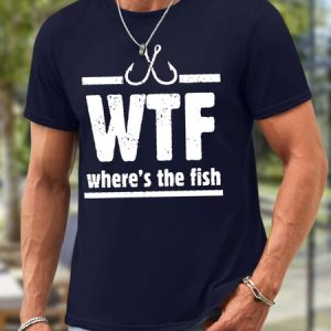 Men Wtf Where’s The Fish Waterproof Oilproof And Stainproof Fabric Crew Neck Loose Casual T-Shirt, color:Deep Blue|size:3XL, Lilicloth.com