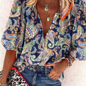 Stand Collar Cashew Flowers Printed Casual Loose Blouse, Shirts & Blouses, color:Dark Blue|size:XXL, JustFashionNow