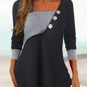 Casual Striped Square Neck Long Sleeve T-shirt, T-shirts, color:Black-white|size:XXL, Noracora