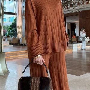 Urban Plain Turtleneck Loose Long Sleeve Sweater, Pullovers, color:Brown|size:XXL, Stylewe