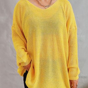 Casual Plain V Neck Regular Fit Sweater, Sweaters, color:Yellow|size:XL, JustFashionNow