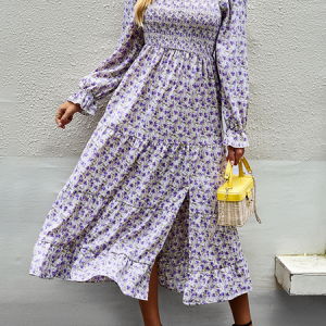 Women Small Floral Square Neck Long Sleeve Comfy Casual Maxi Dress, Maxi, color:Purple|size:XL, Noracora
