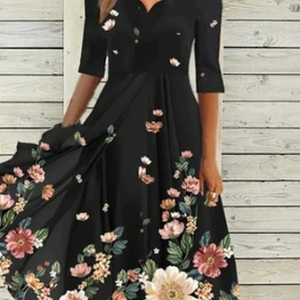 JFN V Neck Casual Floral Midi Swing Prom Dress, Dresses, color:Black|size:XXL, JustFashionNow