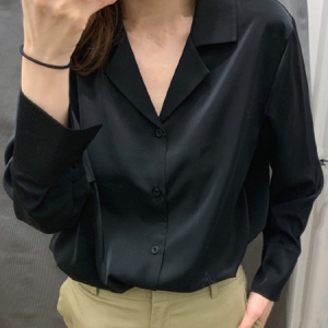 Lapel Collar Long Sleeve Plain Buckle Regular Loose Blouse For Women, Shirts, color:Black|size:XXL, Noracora