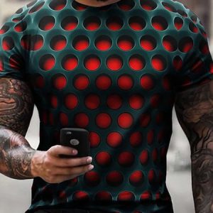 Casual 3D Geometric Grid Pattern Round Neck Short Sleeve T-Shirt Daily Men's Clothing, T-Shirts, color:Red|size:3XL, JustFashionNow