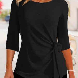 JFN Crew Neck Plain Simple Tie Knot Front Tunic Top, Shirts & Blouses, color:Black|size:XXL, JustFashionNow
