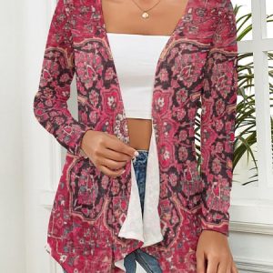 V Neck Long Sleeve Cashew Flowers Regular Micro-Elasticity Regular Fit Kimono For Women, Kimono, color:Pink|size:XXL, Noracora