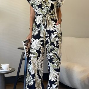 Regular Fit Vacation Plants Short Sleeve Jumpsuit, Jumpsuits, color:As Picture|size:XXL, Stylewe