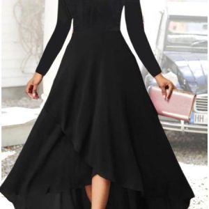 Plain Color Shell Collar Large Skirt Long Sleeve Dress, Formal Dresses, color:Black|size:XXL, JustFashionNow