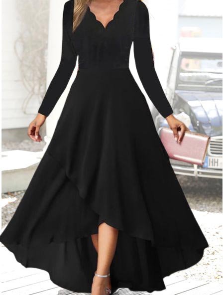 Plain Color Shell Collar Large Skirt Long Sleeve Dress, Formal Dresses, color:Black|size:XXL, JustFashionNow