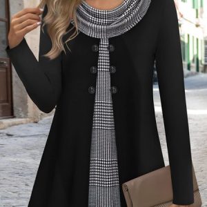 Regular Fit Color Block Casual Turtleneck Top, Shirts & Blouses, color:Black|size:XXL, JustFashionNow