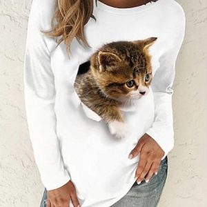 Casual Loose Crew Neck Cat T-Shirt, T-Shirts, color:White|size:XXL, JustFashionNow