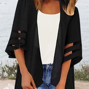 Plain Casual V Neck Loose Kimono, Cardigans, color:Black|size:XXL, JustFashionNow